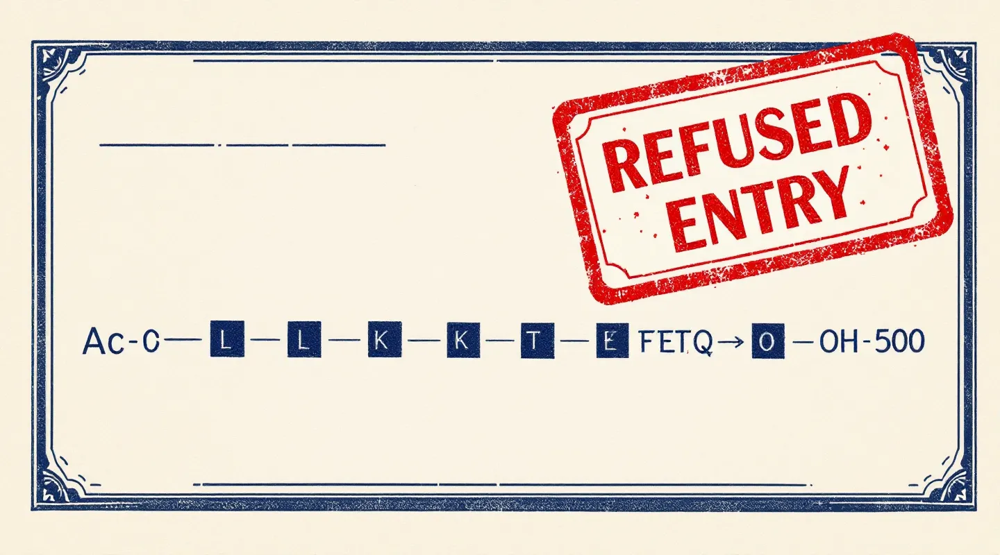 Passport-page plate illustration of the seven-amino-acid TB-500 peptide chain with rotated REFUSED ENTRY and CLEARED FOR RESEARCH ink stamps on cream paper